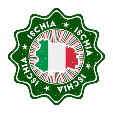 Ada haritalı Ischia yuvarlak grunge pulu ve dairesel metin ile ülke bayrağı vintage rozeti ve