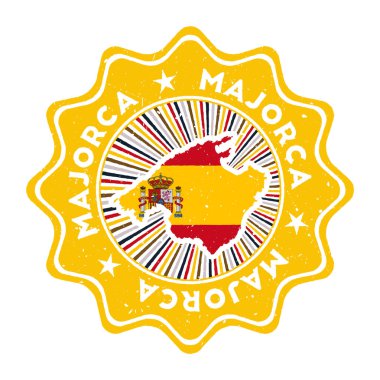 Ada haritalı Majorca yuvarlak grunge pulu ve dairesel metin ile ülke bayrağı vintage rozeti ve