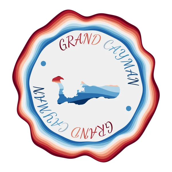 Grand Cayman Badge Map of the Island з красивими геометричними хвилями і яскравою червоною синьою рамою — стоковий вектор