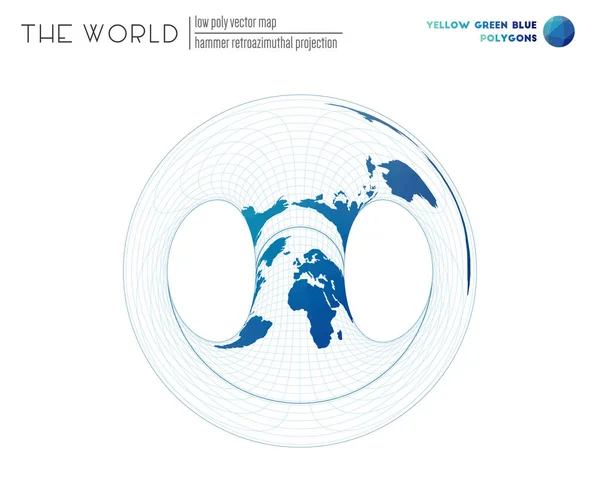 Polygonale wereldkaart Hamer retroazimuthal projectie van de wereld Geel Groen Blauw gekleurd — Stockvector