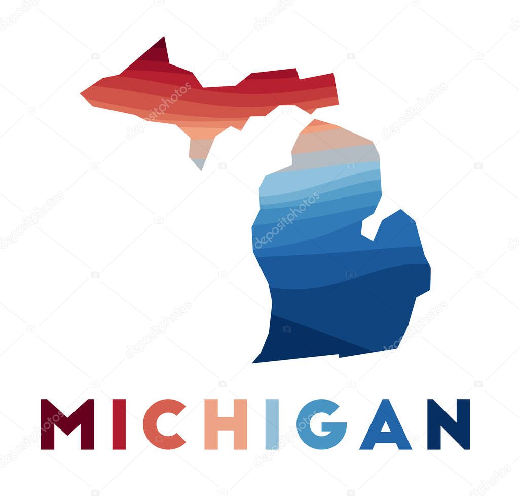 Michigan map. Map of the us state with beautiful geometric waves in red blue colors. Vivid Michigan shape. Vector illustration.