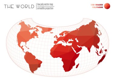 Dünyanın vektör haritası. Dünyanın Armadillo projeksiyonu. Kırmızı Gölgeler renkli çokgenler.