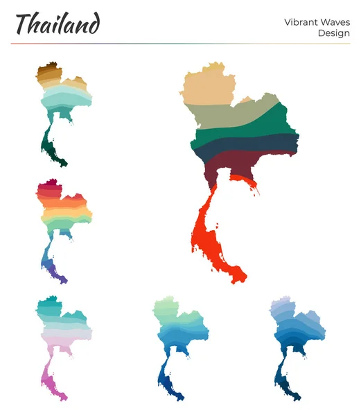 Set von Vektorkarten von Thailand Lebendige Wellen Design Helle Karte des Landes in geometrischen glatten — Stockvektor