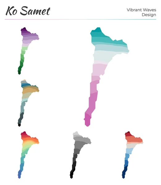 Set di mappe vettoriali di Ko Samet Design a onde vibranti Luminosa mappa dell'isola in liscio geometrico — Vettoriale Stock