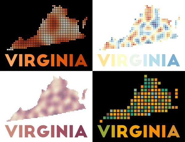 Virginia map Συλλογή του χάρτη της Βιρτζίνια σε διάστικτο στυλ Σύνορα της πολιτείας των ΗΠΑ γεμάτη με — Διανυσματικό Αρχείο