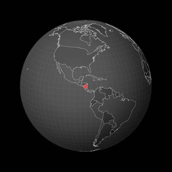 Globo escuro centrado na Nicarágua País destacado com cor vermelha no mapa mundial Mundo satélite — Vetor de Stock