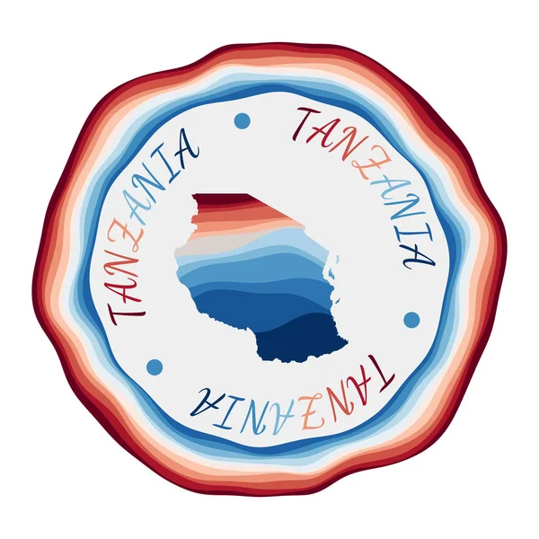 Insignia de Tanzania Mapa del país con hermosas olas geométricas y vibrante marco rojo azul Vivid — Vector de stock