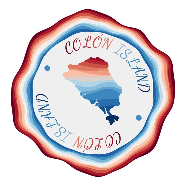 Insignia de Colon Island Mapa de la isla con hermosas olas geométricas y vibrante marco azul rojo — Vector de stock