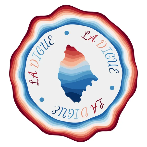 Insignia de La Digue Mapa de la isla con hermosas olas geométricas y vibrante marco rojo azul Vivid — Vector de stock
