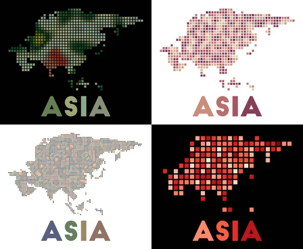 Mapa de Asia Colección de mapa de Asia en estilo punteado Fronteras del continente llenas de rectángulos — Vector de stock