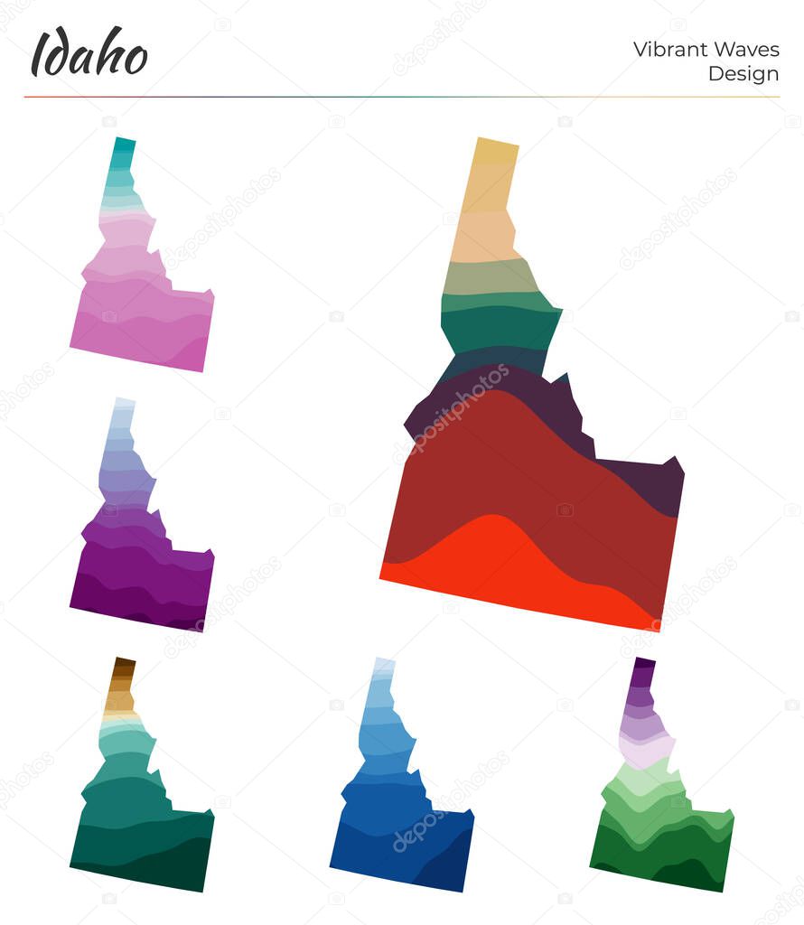 Set of vector maps of Idaho Vibrant waves design Bright map of us state in geometric smooth curves