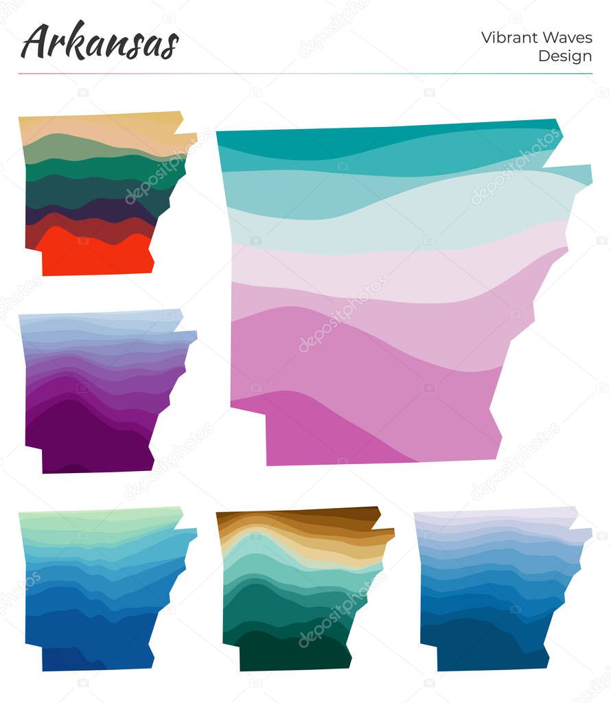 Set of vector maps of Arkansas Vibrant waves design Bright map of us state in geometric smooth