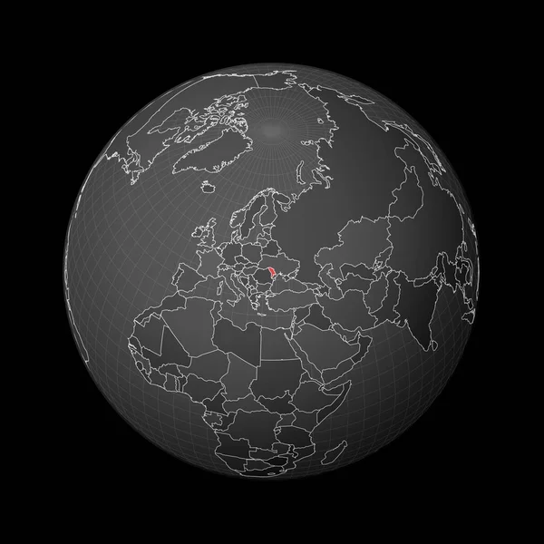 Темный шар с центром в Молдове Страна выделена красным цветом на карте мира Спутниковый мир — стоковый вектор