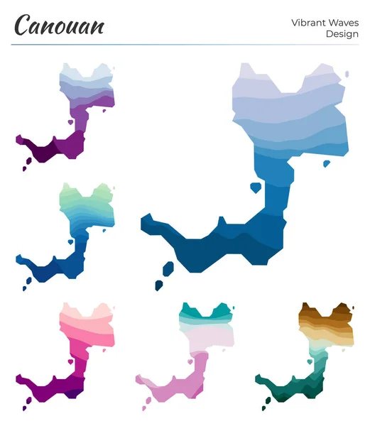 Set vectorkaarten van Canouan Levendige golven ontwerp Heldere kaart van eiland in geometrische gladde bochten — Stockvector