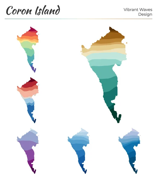 Conjunto de mapas vetoriais da Ilha de Coron Design de ondas vibrantes Mapa brilhante da ilha em liso geométrico — Vetor de Stock