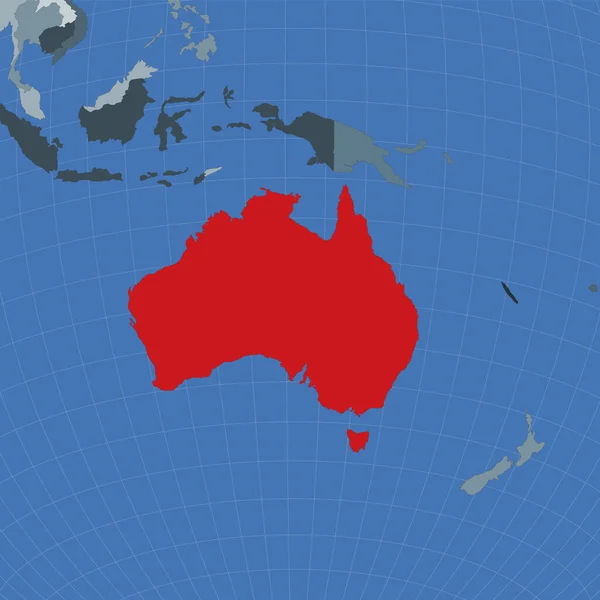 Kształt Australii w kontekście krajów sąsiadujących Kraj zaznaczony na czerwono — Wektor stockowy