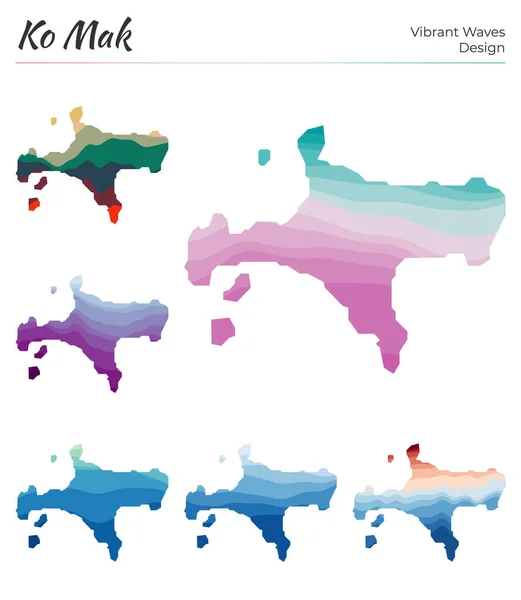 Conjunto de mapas vectoriales de Ko Mak Diseño de ondas vibrantes Mapa brillante de la isla en curvas geométricas lisas — Vector de stock