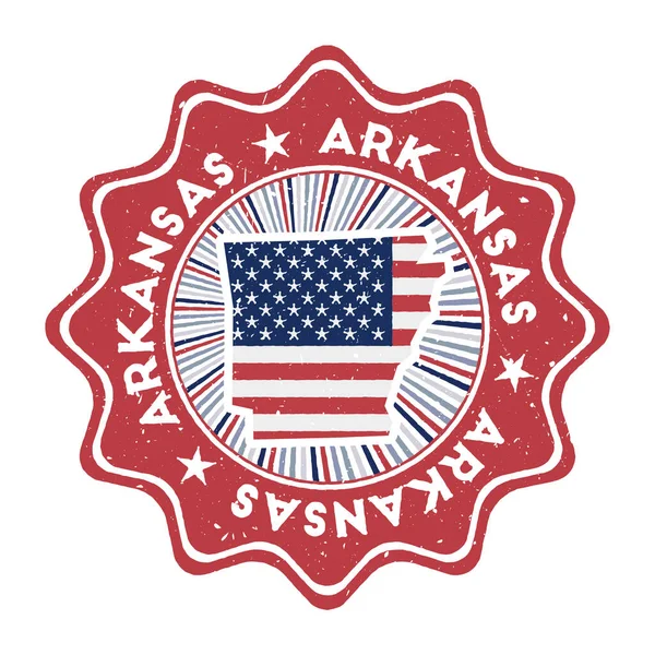 Arkansas rotondo grunge timbro con noi mappa di stato e bandiera di paese Vintage distintivo con testo circolare e — Vettoriale Stock