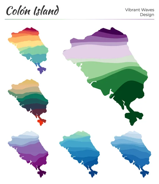 Set di mappe vettoriali di Colon Island Design a onde vibranti Luminosa mappa dell'isola in liscio geometrico — Vettoriale Stock