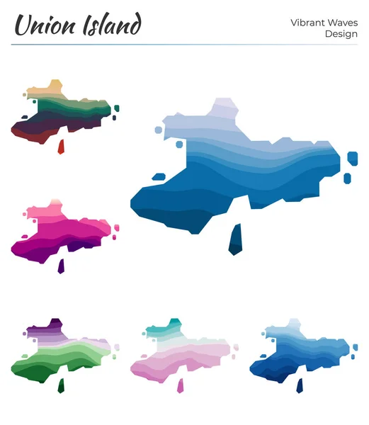 Set vectorkaarten van Union Island Levendige golven ontwerp Heldere kaart van eiland in geometrische gladheid — Stockvector
