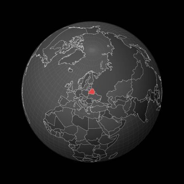 Dünya haritasında kırmızı renkle işaretlenmiş Belarus Ülkesi 'ne odaklı karanlık dünya uydusu.