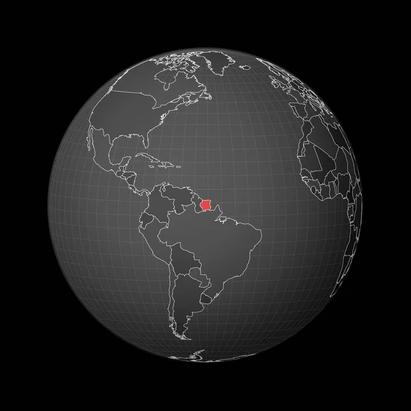 Tmavý glóbus se středem Surinam Země zvýrazněné červenou barvou na mapě světa Satelitní svět — Stockový vektor