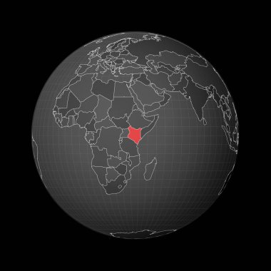 Dünya haritasında kırmızı renkle işaretlenmiş Kenya Ülkesi merkezli karanlık dünya uydusu.