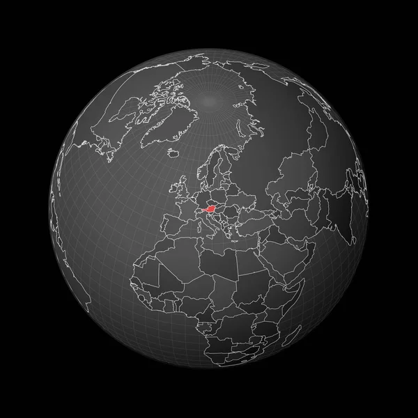 Donkere bol gecentreerd naar Oostenrijk Land gemarkeerd met rode kleur op wereldkaart Satellietwereld — Stockvector