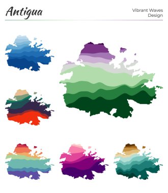 Antigua Vibrant dalgalarının vektör haritaları geometrik düz eğriler içinde adanın Parlak haritasını dizayn eder