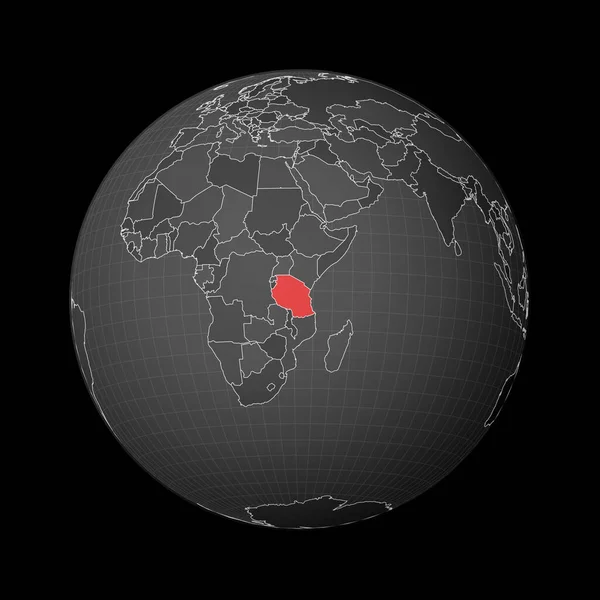 Globe sombre centré sur la Tanzanie Pays mis en évidence avec la couleur rouge sur la carte du monde Monde satellite — Image vectorielle