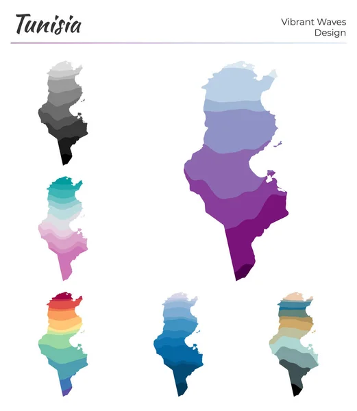 Állítsa be a vektor térképek Tunézia Vibráns hullámok design Fényes térképe ország geometriai sima — Stock Vector