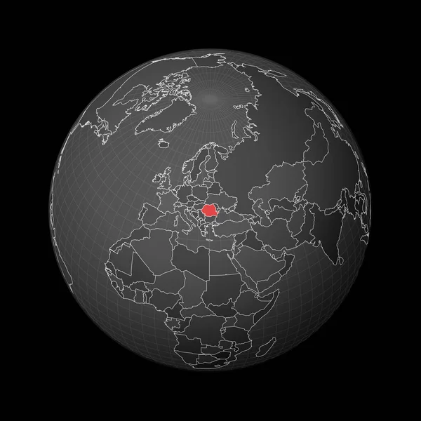 Tmavý glóbus soustředěný do Rumunska Země zvýrazněná červenou barvou na mapě světa Satelitní svět — Stockový vektor