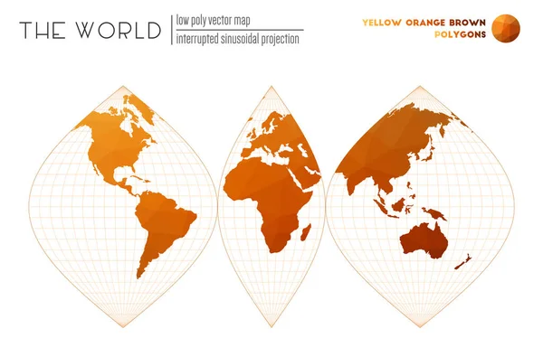 Design a basso poli del mondo Proiezione sinusoidale interrotta del mondo Giallo Arancione Marrone — Vettoriale Stock