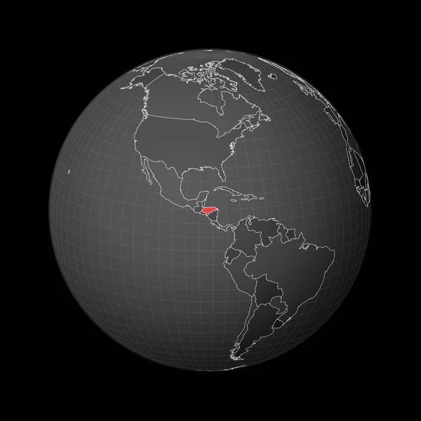 Ciemny glob skupiony na Hondurasie Kraj podświetlony czerwonym kolorem na mapie świata — Wektor stockowy