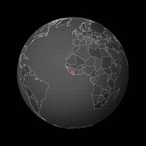 Ciemny glob skupiony na Liberii Kraj zaznaczony czerwonym kolorem na mapie świata Świat satelitarny — Wektor stockowy