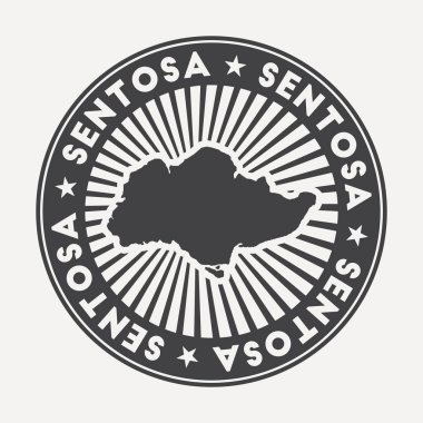 Sentosa yuvarlak logosu dairesel adı ve ada vektörünün haritası olan Vintage seyahat rozeti