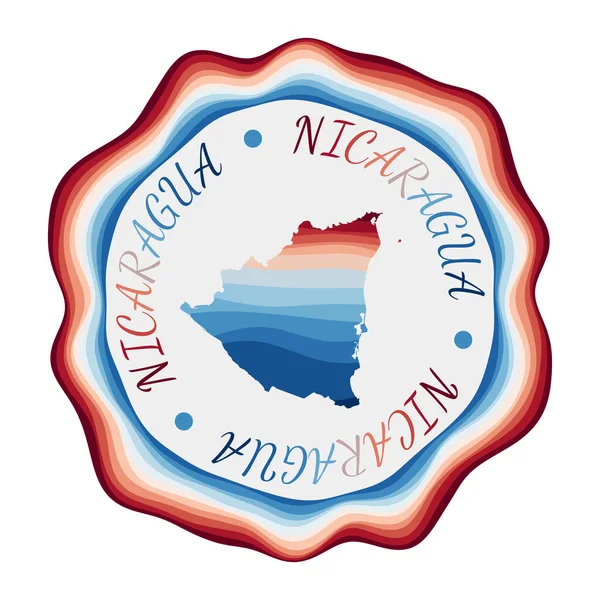 Insignia de Nicaragua Mapa del país con hermosas olas geométricas y vibrante marco rojo azul Vivid — Vector de stock