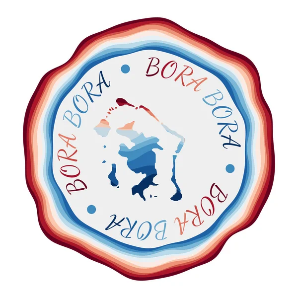 Insignia de Bora Bora Mapa de la isla con hermosas olas geométricas y vibrante marco rojo azul Vivid — Vector de stock