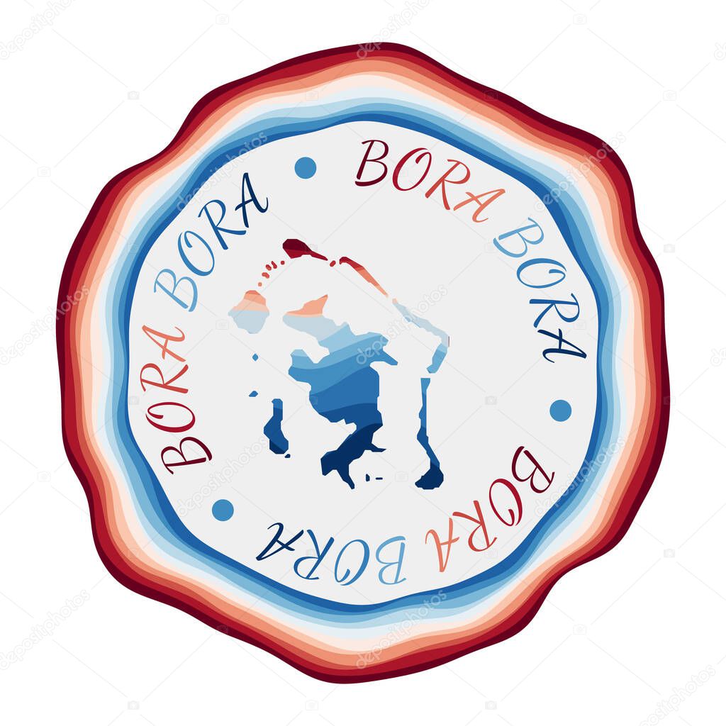 Bora Bora badge Map of the island with beautiful geometric waves and vibrant red blue frame Vivid