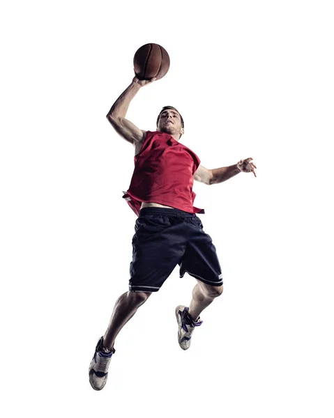 Basketbalspeler in actie geïsoleerd op witte achtergrond — Stockfoto