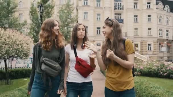 3人のガールフレンドのグループは、道路を歩いてお互いに話をする — ストック動画