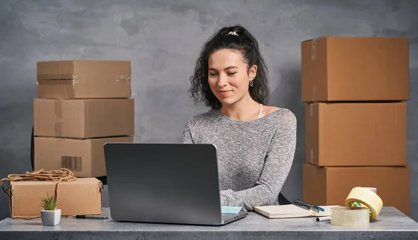 Donna d'affari che lavora da casa con laptop e blocco note, preparando scatole con prodotti per la consegna Immagine Stock