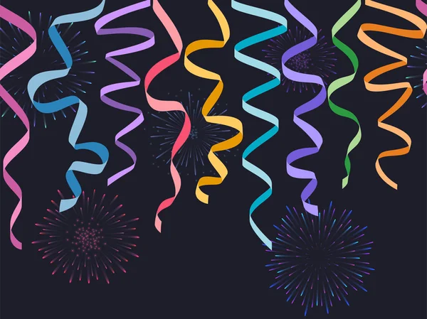 Serpentinas decorativas horizontales sin costuras con fuegos artificiales sobre fondo oscuro, cintas de colores vectoriales y saludo de celebración para pie de página y pancarta — Archivo Imágenes Vectoriales