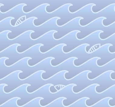 Dalgalar ve fishs, stilize su ile Seamless modeli süsleme, ışık mavi vektör arka plan, deniz ya da okyanus motif ve doku dalgalar