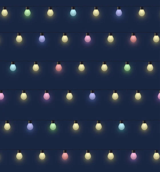 シームレスのカラフルな白熱電球ガーランド 暗い背景 ランプの壁紙 ベクトル図では 装飾的なライト花輪 Eps10 — ストックベクタ