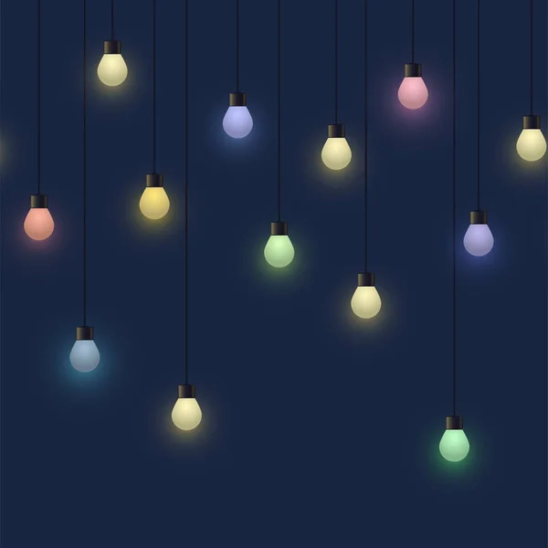Luminária colorida brilhante guirlanda, guirlanda luz decorativa no fundo escuro, rodapé e banner lâmpadas, ilustração vetorial —  Vetores de Stock