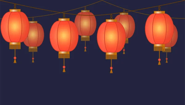 Krans med kinesiska lantern kedja, röda asiatiska traditionella papper lampor på mörk bakgrund, fairy lights, sidfot och banner för dekoration, vektorillustration — Stock vektor