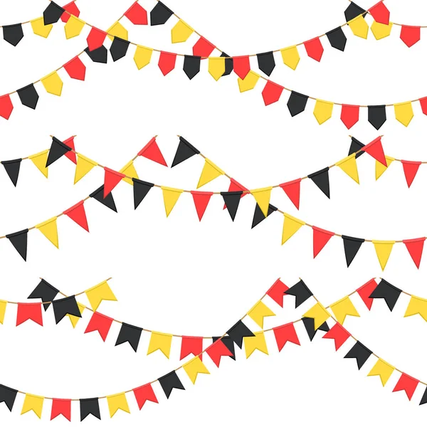 Conjunto de guirnalda con cadena de banderas de celebración, plumas negras, amarillas, rojas sin fondo, pie de página y pancarta para la celebración — Archivo Imágenes Vectoriales