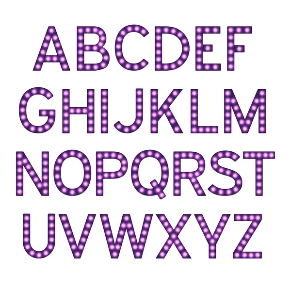 Alphabet mit lila Glühbirnen, Buchstaben mit Lampen, Lampenschrift, leuchtende Buchstabenimitation, Vektorillustration — Stockvektor