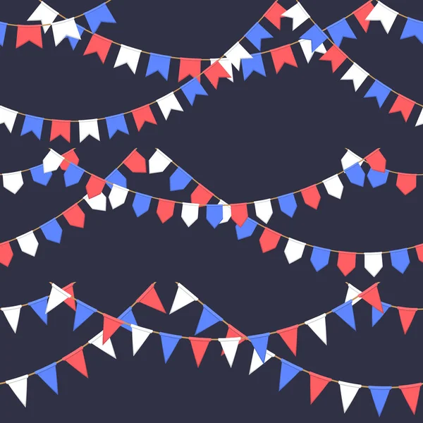 Conjunto de guirnalda con cadena de banderas de celebración, blanco, azul, plumas rojas sobre fondo oscuro, pie de página y pancarta para la celebración — Archivo Imágenes Vectoriales